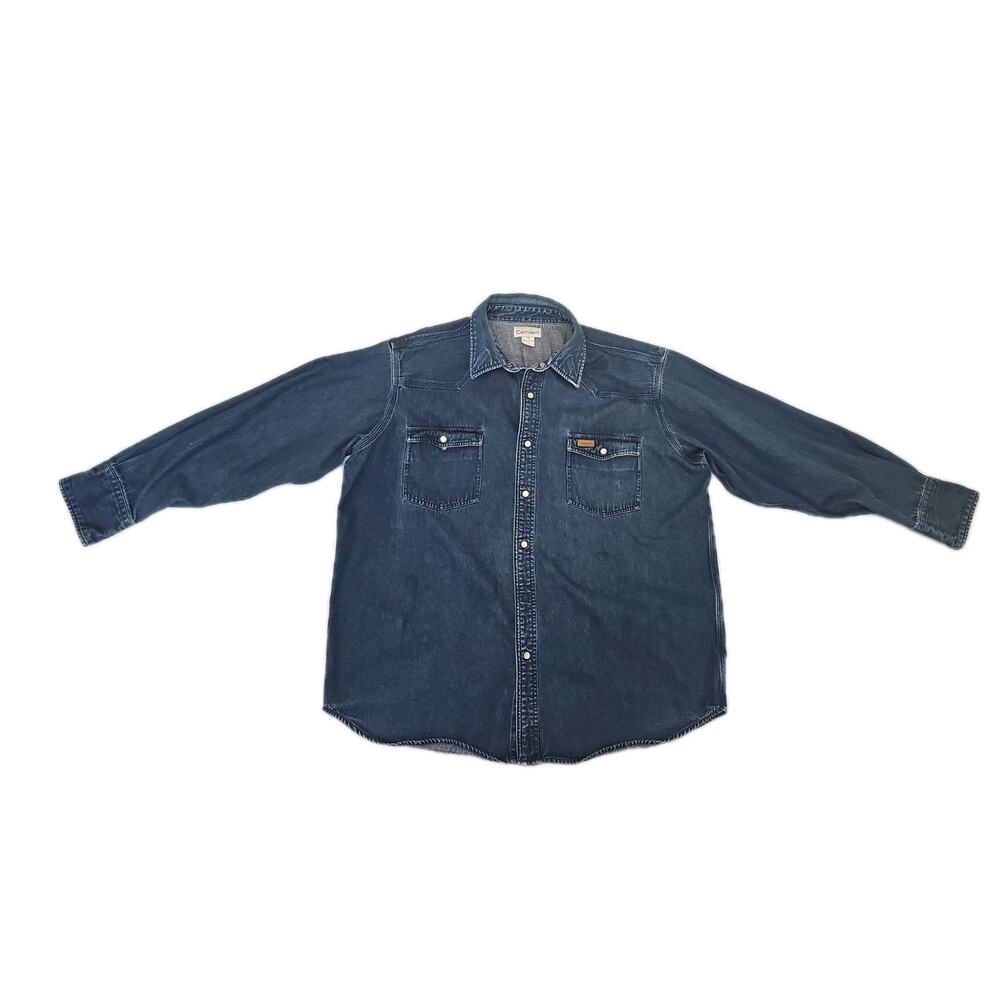 VINTAGE Carhartt Denim Shirt Mens L Pearl Snap 90s Union Made In USA Distressed